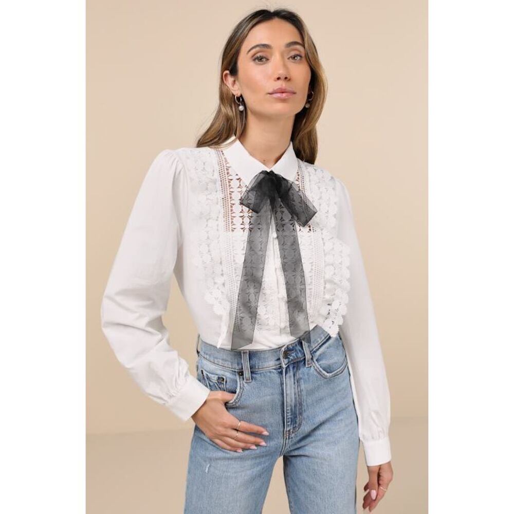 Lulus Outstanding Charisma White Crochet Lace Tie-neck Button-up Top - Size XS